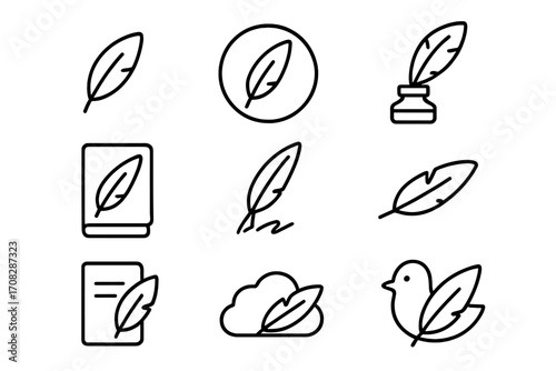 Feather quill pen vector line icon set. Writing, poetry, literature, author concept. Editable stroke for UI, web design, apps. Bird, ink, book, signature symbols.