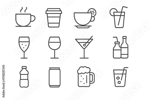 Beverage and drink line icon set. Coffee, tea, beer, wine, cocktail and juice glass. Alcohol bottle, soda can and water outline symbols. Vector graphic for web, menu or app.
