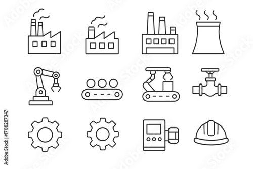 Industrial manufacturing thin line icon set. Factory production vector symbols. Includes robotic arm, conveyor belt, automation, gear, power plant, and engineering icons.