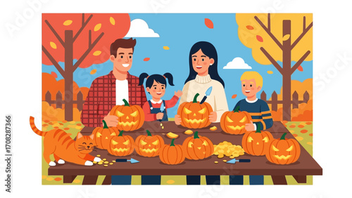 Spooky Family Pumpkin Carving: A lively family, comprised of parents and children, engages in the festive tradition of carving pumpkins.