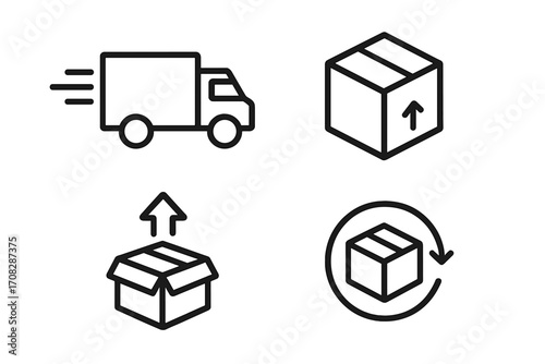 Delivery and shipping vector line icons set. Logistics, e-commerce, and transport business concept. Includes fast truck, package, box, return, and unboxing symbols for web.