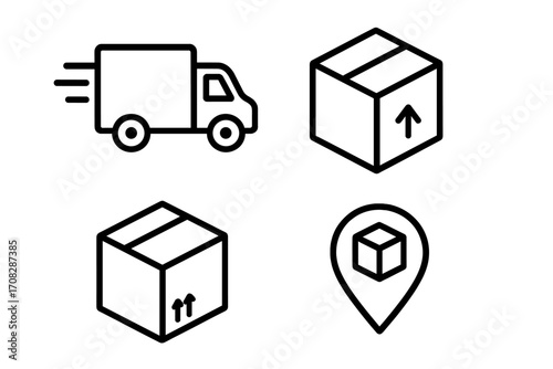 Delivery and shipping line icon set. Vector truck, box, parcel, and tracking pin icons. Logistics and transportation outline symbols for web, app, and graphic design.