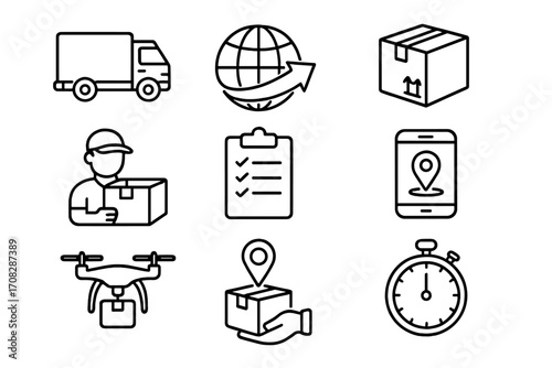 Global delivery and logistics line icon set. Vector outline icons for shipping, package tracking, e-commerce, and courier services. Includes truck, drone, and box symbols.
