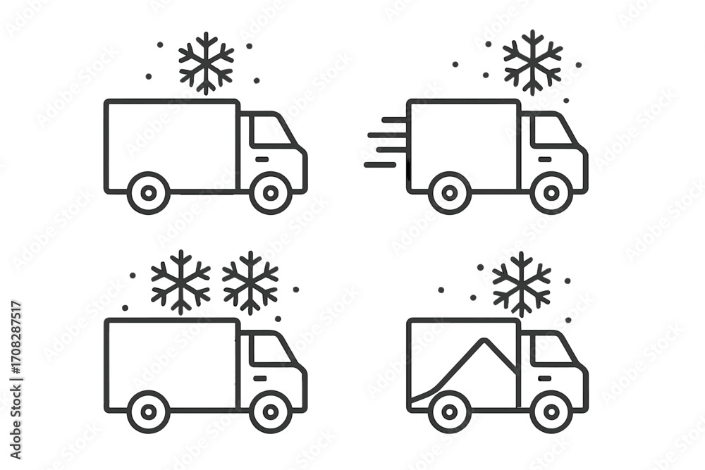 Refrigerator truck icon set. Cold chain logistics. Frozen food delivery service. Freezer van transport symbol. Winter shipping sign. Commercial vehicle for perishable goods.