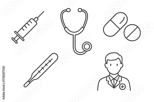 Medical and healthcare thin line icon set. Doctor, stethoscope, pills, thermometer, and syringe for vaccination. Vector outline symbols for hospital, clinic, diagnosis, and pharmacy.