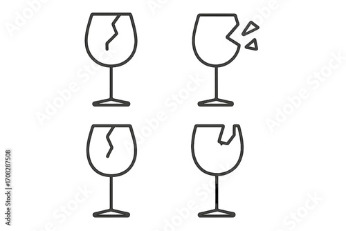 Broken wine glass line icon set. Fragile handle with care symbol, shattered glassware pictogram. Minimalist vector illustration of cracked wineglass for web or packaging.