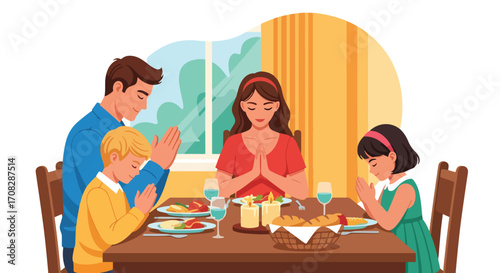 Flat style illustration of a family praying together before a meal at the dinner table, symbolizing gratitude, faith, unity, love, and the importance of blessings in daily life