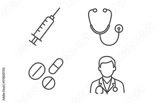 Medical and healthcare thin line icon set. Vector collection of simple outline symbols. Doctor, syringe for injection, stethoscope, pills. Hospital, clinic, pharmacy concept.