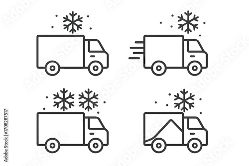 Refrigerator truck icon set. Cold chain logistics. Frozen food delivery service. Freezer van transport symbol. Winter shipping sign. Commercial vehicle for perishable goods.