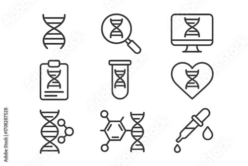 DNA genetics line icon set. Gene, chromosome, helix symbols. Science, biotechnology, chemistry and medical research concept. Vector illustration for web, apps. Editable stroke.