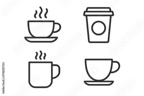Coffee and tea cup line icon set. Vector outline illustration of hot drinks. Modern minimalist symbols for cafe menu, apps, and web design. Takeaway paper cup and mug pictogram.