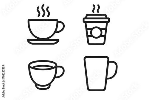 Coffee tea cup icon set. Modern outline style vector illustration. For cafe menu, app, web design. Hot drink, beverage, mug, espresso, latte symbols. Simple line art.