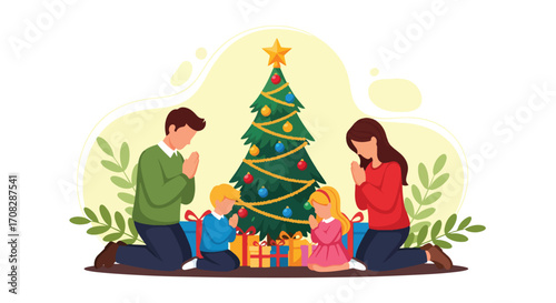 Flat style illustration of a family praying together by a decorated Christmas tree with gifts, symbolizing faith, gratitude, love, and the spiritual meaning of the holiday season