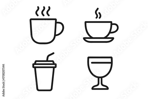 Drink and beverage icon set. Modern outline style cups for coffee, tea, soda and wine. Vector graphic element for menu, cafe, bar, app and web design. Isolated on white.