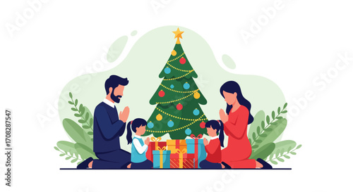 Flat style illustration of a family praying together by a decorated Christmas tree with gifts, symbolizing faith, gratitude, love, and the spiritual meaning of the holiday season
