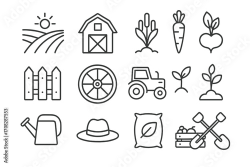 Farming and agriculture thin line icon set. Farm life outline symbols for graphic design. Organic food and harvest concept. Vector icons of barn, tractor, field, crop, vegetable.