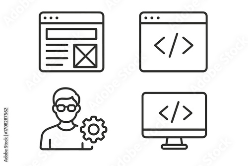 Web development line icon set. Programmer, coder, and software engineer symbols. Website layout, browser, code editor, and computer monitor vector icons for web design.