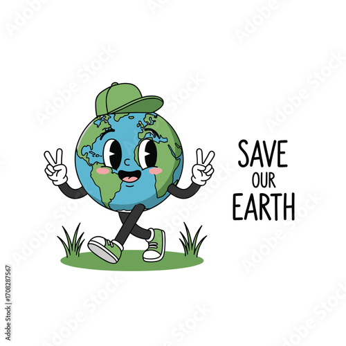 Cute cartoon Earth character walking and saving our planet.