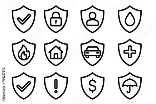 Insurance and protection line icon set. Shield symbols for security and defense. Vector signs for web design. Icons for car, home, life, health, fire, and financial safety.