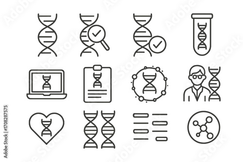 DNA genetics line icon set. Gene research, medical analysis, biology science, lab test, biotechnology concepts. Editable stroke vector icons for web, apps, and ux design.