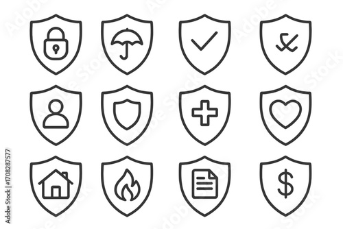 Insurance icon set. Shield line icons for protection, security, guarantee. Health, life, home, fire, financial concepts. Vector outline pictogram collection for web, app design.