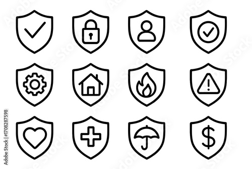 Insurance icon set. Protection and security line icons. Vector shield symbols for safety, defense. Home, health, life, fire, and financial insurance concepts. Secure, guarantee.