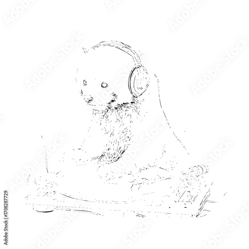 Red panda dj with headphones playing music on turntable illustration drawing sketch design black and white art