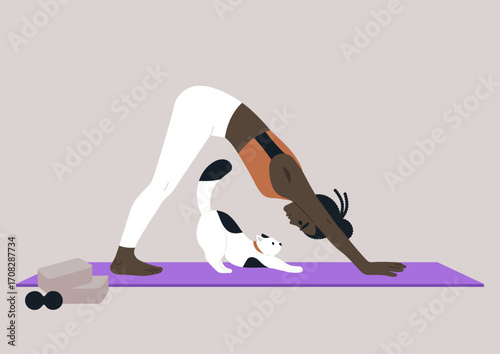 A person practices inverted V yoga on a mat, with a curious cat stretching alongside, The warm atmosphere and early morning light create a tranquil scene of connection and mindfulness