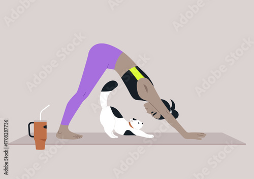 A person practices inverted V yoga on a mat, with a curious cat stretching alongside, The warm atmosphere and early morning light create a tranquil scene of connection and mindfulness