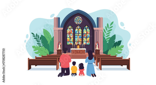 Flat style illustration of a family praying together in front of a church altar with stained glass windows, symbolizing faith, devotion, spirituality, and Christian worship