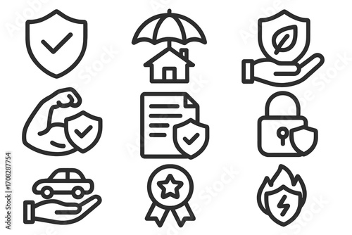 Insurance and protection vector icon set. Modern outline style symbols for security, safety, defense, and risk management. Includes car, house, health, and policy icons.