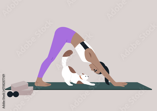 A person practices inverted V yoga on a mat, with a curious cat stretching alongside, The warm atmosphere and early morning light create a tranquil scene of connection and mindfulness