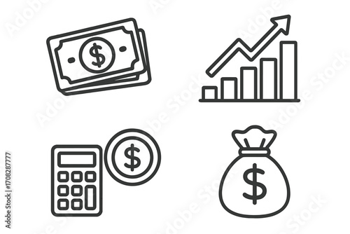 Finance line icons set with money stack, upward growth chart, calculator with coin, and money bag symbols. Vector cartoon illustration with transparent background for business and finance concepts