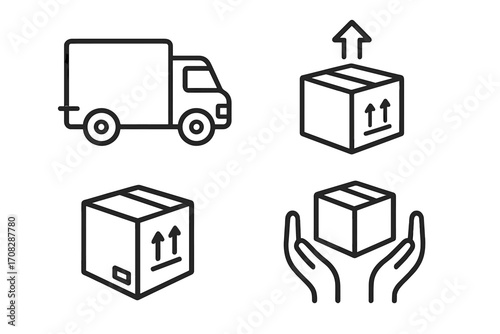 Delivery service line icon set. Logistics and shipping signs. Truck, package, box, handle with care symbol. E-commerce transport icon pack for web, app, graphic design. Vector.