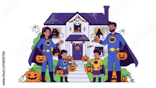 Happy Halloween Family: A family dressed in superhero costumes prepares for a night of trick-or-treating in front of their decorated house, capturing the festive and playful spirit of Halloween.