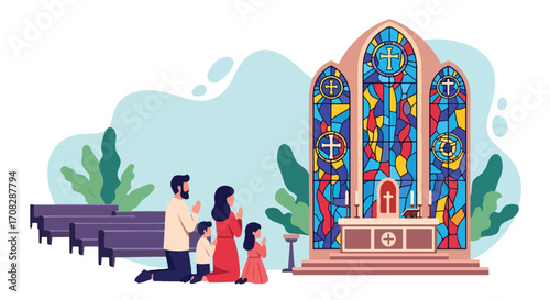 Flat style illustration of a family praying together in front of a church altar with stained glass windows, symbolizing faith, devotion, spirituality, and Christian worship
