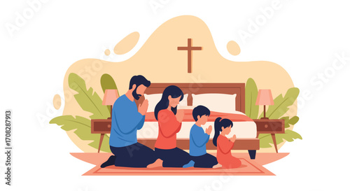 Flat style illustration of a family kneeling together in prayer by the bedside at home, symbolizing faith, devotion, unity, and Christian spirituality in daily life