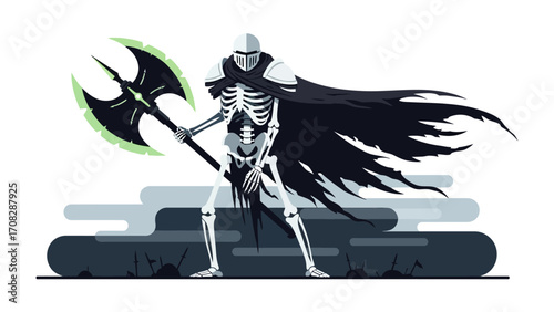 Death Knight: A spectral warrior, clad in bone and shrouded in an imposing cloak, wields a formidable axe, ready to strike, embodies the essence of dark fantasy and formidable power.