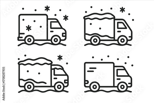 Winter delivery truck line icon set. Lorry driving in snow. Christmas shipping and logistics concept. Outline vector symbols for web, mobile app, ui, ux. Van transport.