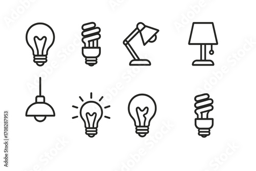 Light icon bundle with lamps and broken lamps outline, including vintage and modern light bulbs, desk, floor, and hanging lamps for graphic design, web apps, advertising, cards, vector illustration