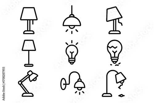 Modern outline style icons of lamps and broken lamps, cartoon vector illustration, design elements for cards, apps, social networks, transparent background, ordered set of lightbulbs and lamps