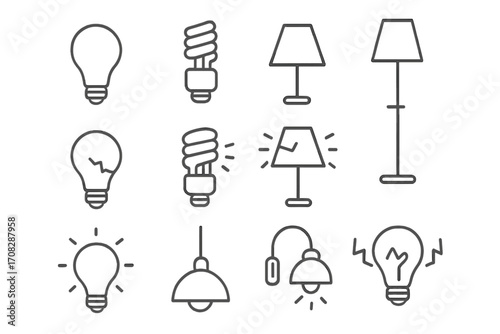 Light thin line icon set with lamps and broken lamps outline signs for graphic design, web design, apps, adverts, cards, vector cartoon illustration, energy concept