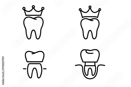 Dental crown line icon collection. Tooth implant, restoration, and treatment symbols. Dentistry and oral health care signs for web design, apps, and infographics. Vector set.