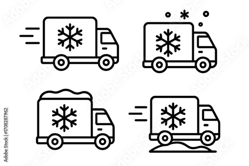 Set of refrigerated truck icons for winter delivery and cold chain logistics. Modern outline style vector illustration for freezer transport, frozen food shipping, and apps.
