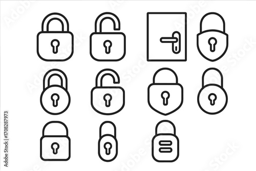 Lock line icon bundle with door handle and padlock outline signs for graphic design, web design, apps, adverts, security concepts, vector cartoon illustration transparent background