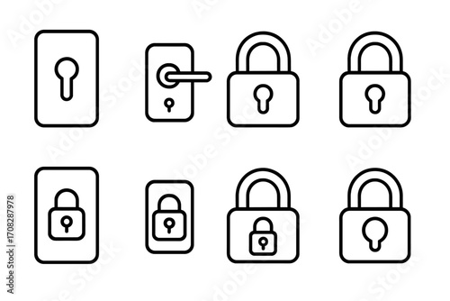 Lock line icon bundle, door handle and padlock outline signs set for graphic and web design, apps, adverts, card design elements, vector cartoon illustration transparent