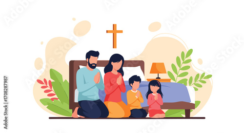 Flat style illustration of a family kneeling together in prayer by the bedside at home, symbolizing faith, devotion, unity, and Christian spirituality in daily life