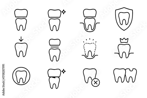 Dental crown and implant line icon set. Dentistry, stomatology, and orthodontics thin outline pictograms. Tooth care, protection, restoration, and extraction vector symbols.