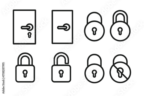 Lock line icon bundle with door handles and padlocks. Outline security symbols for graphic design, apps, adverts, cards, technology, protection, safety, access control