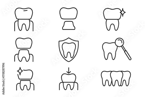 Dental crown thin line icon set. Dentistry, tooth restoration, and oral care outline icons. Vector symbols for stomatology, implant, veneer, clinic, hygiene, and checkup.